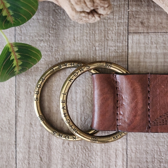 Michael Michael Kors Double Brass Ring Brown Leather Belt w/Decorative Stitching - Picture 10 of 15